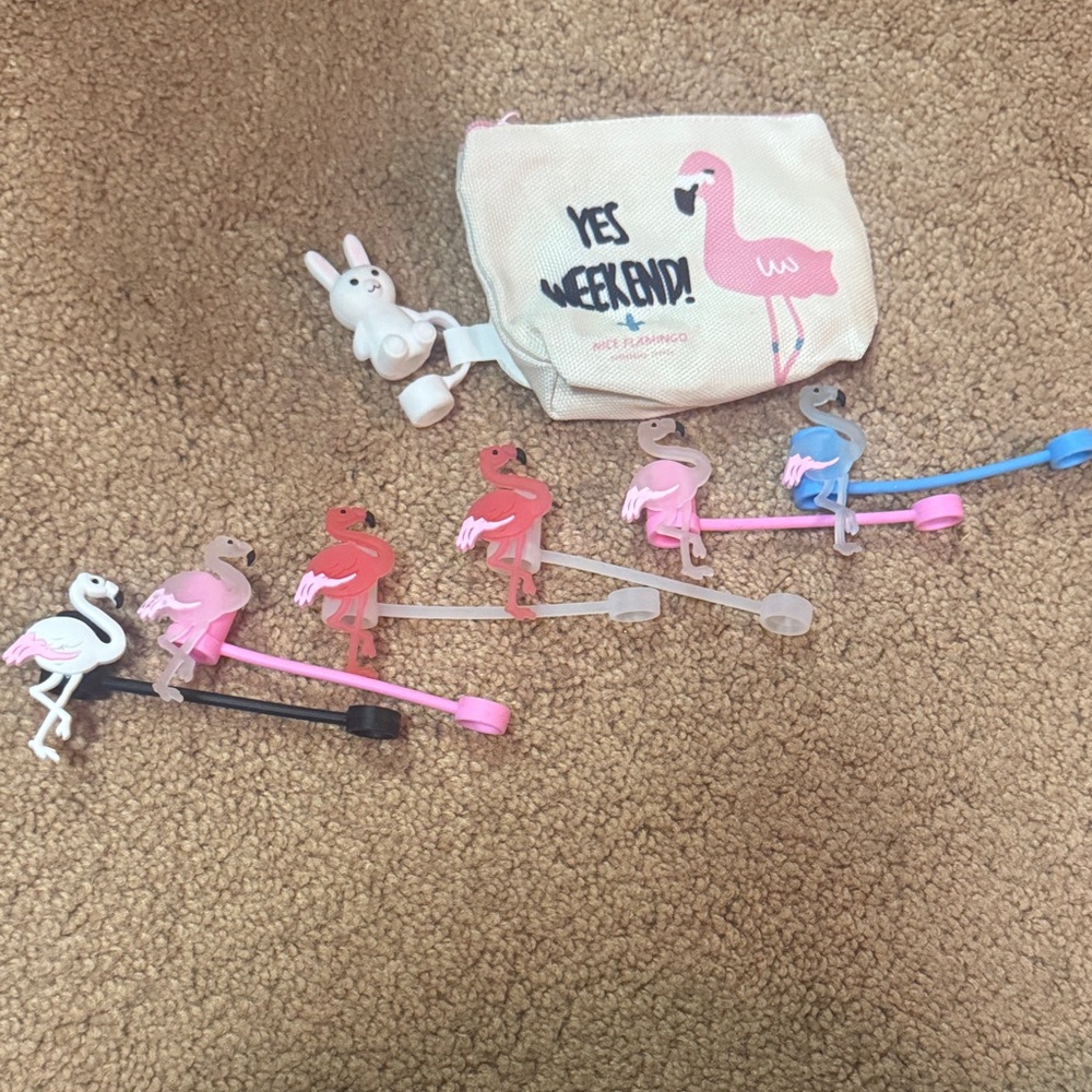 Flamingo Themed Set with coin Pouch, straw toppers and bonus bunny - brand new